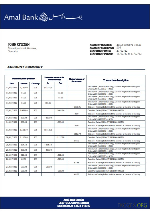 Modèle de relevé bancaire Somalie Amal au format Word et PDF